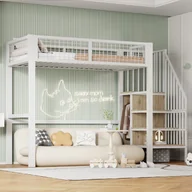 Łóżka dla dzieci i młodzieży - Łóżko piętrowe 90x200 cm z szafą i schodami - metalowa rama - białe - miniaturka - grafika 1