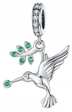 Charms Srebrny Koliber Zielone Cyrkonie Wiszący z Kolibrem SREBRO 925