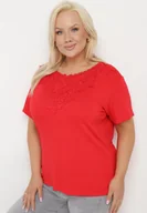 Koszulki i topy damskie - Czerwony Klasyczny T-shirt z Koronką przy Dekolcie Fioma - miniaturka - grafika 1