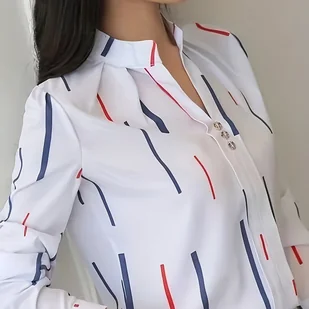 TEMU Elegancka bluzka z kwiatowym nadrukiem i wyciętym kołnierzykiem dla kobiet - 100% poliestrowa, długim rękawem, z fałszywymi guzikami, odzież na - Inne - miniaturka - grafika 1