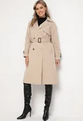 Płaszcze damskie - Beżowy Płaszcz w Stylu Trencza Ozdobiony Paskiem z Klamrą Ninellira - miniaturka - grafika 1