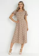 Sukienki - Beżowo-Zielona Sukienka Midi z Gumką w Pasie i Rozcięciem Kaylanii - miniaturka - grafika 1