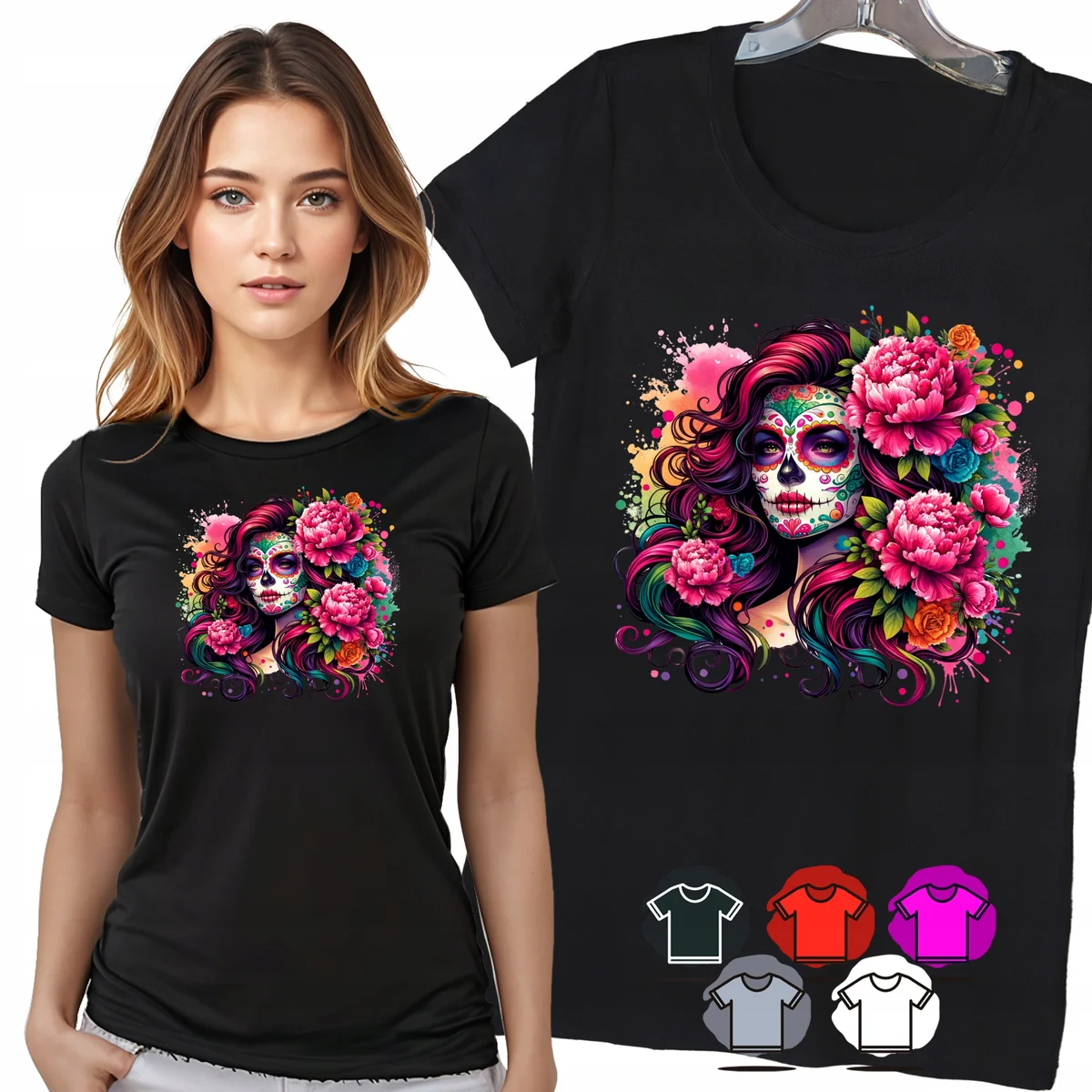 KOSZULKA DAMSKA T-SHIRT - SANTA MUERTE KWIATY RÓŻOWE PORTRET DAMSKI - M