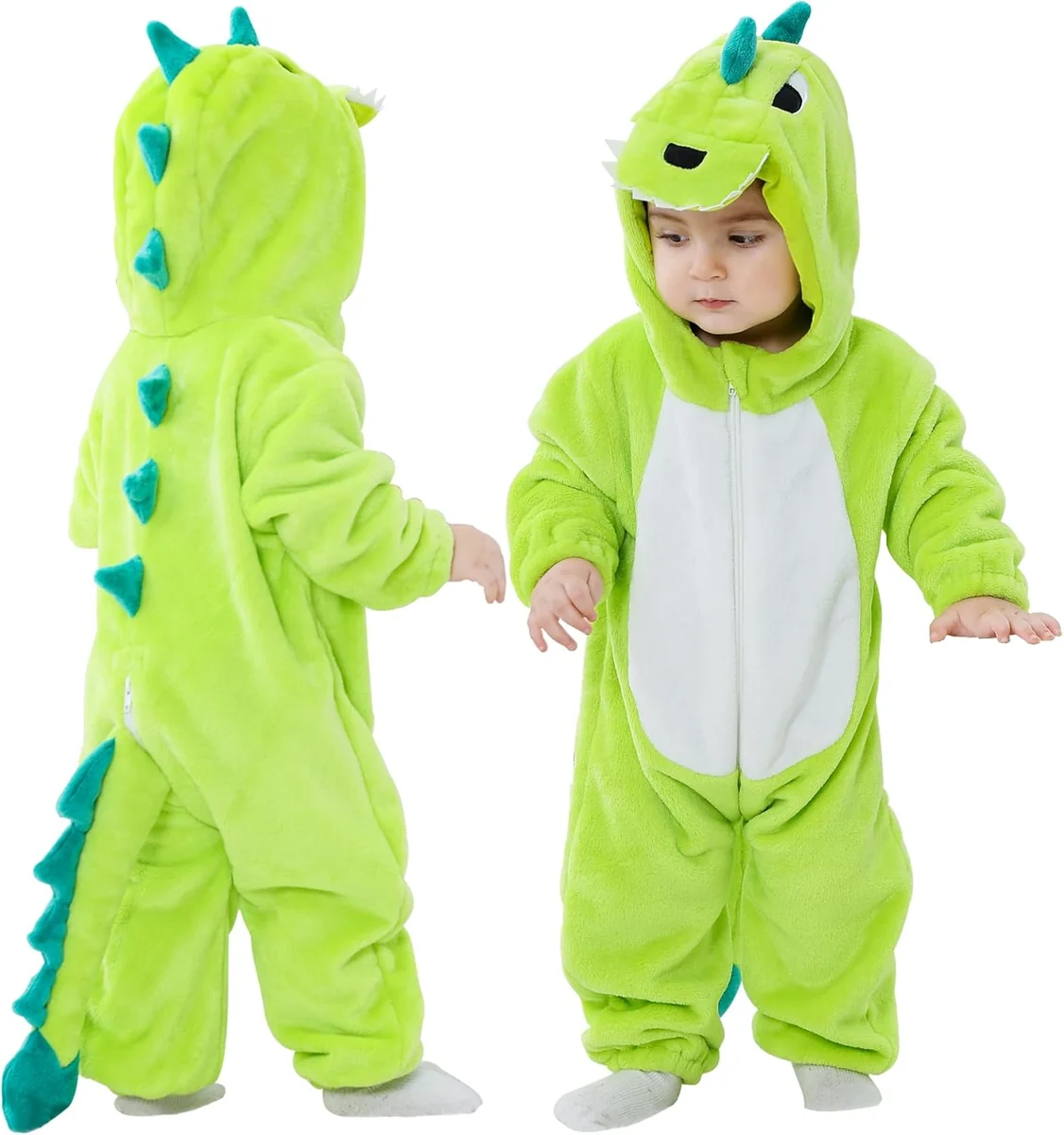 Śpioszki kombinezon dziecięcy z kapturem dinozaur zielony unisex 0-3M
