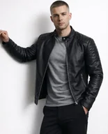 Kurtki męskie - Kurtka męska skórzana biker czarna z stójką Recea - miniaturka - grafika 1