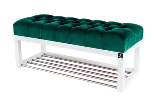 Ławka na buty 75cm EMRAWOOD drewno lite kolor biały siedzisko pikowane kolor butelkowa zieleń - Ławki do przedpokoju - miniaturka - grafika 1