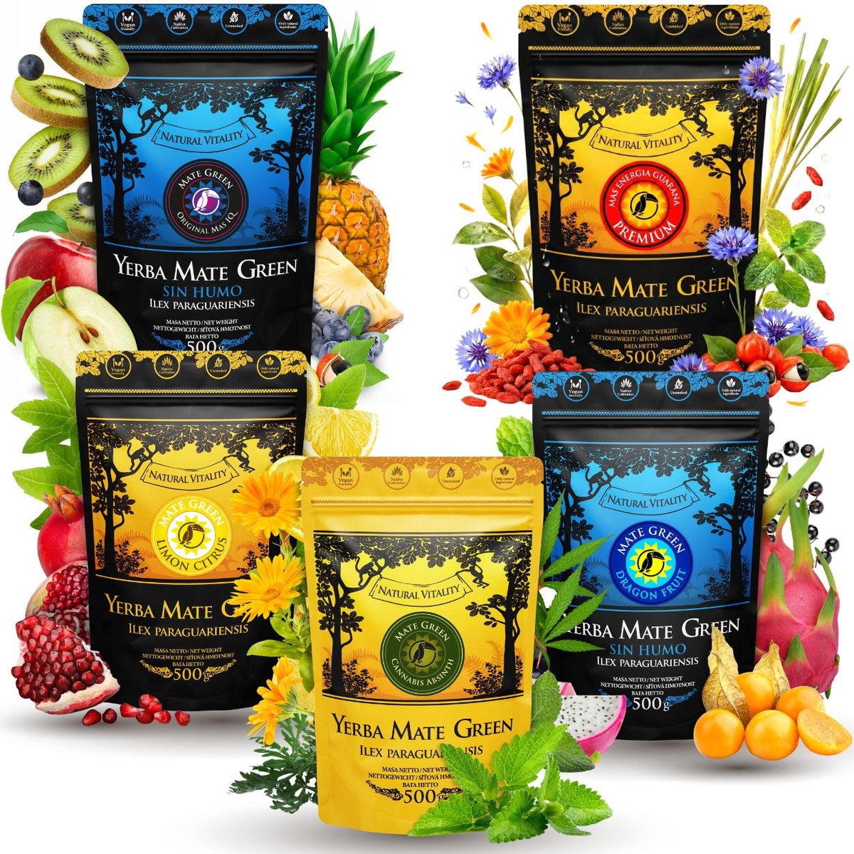Zestaw Yerba Mate Green Energia Guarana 5x500g Mix Najlepszych Smaków 2,5kg