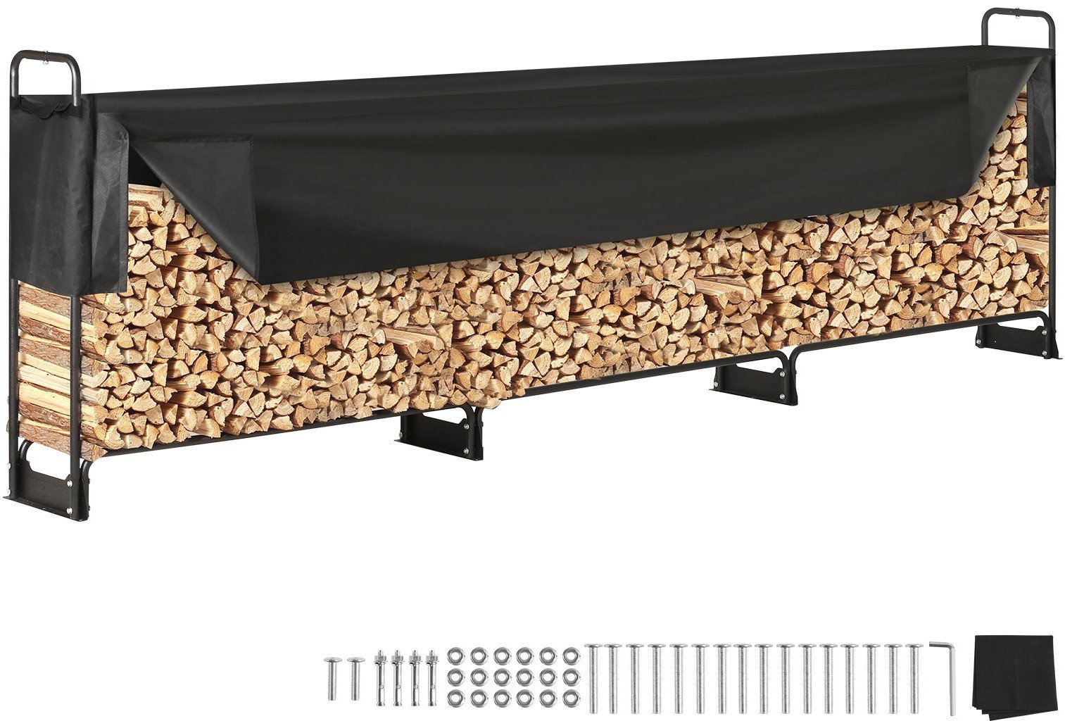 VEVOR Stojak na drewno opałowe kominkowe duży kosz metalowy +plandeka 386x36cm