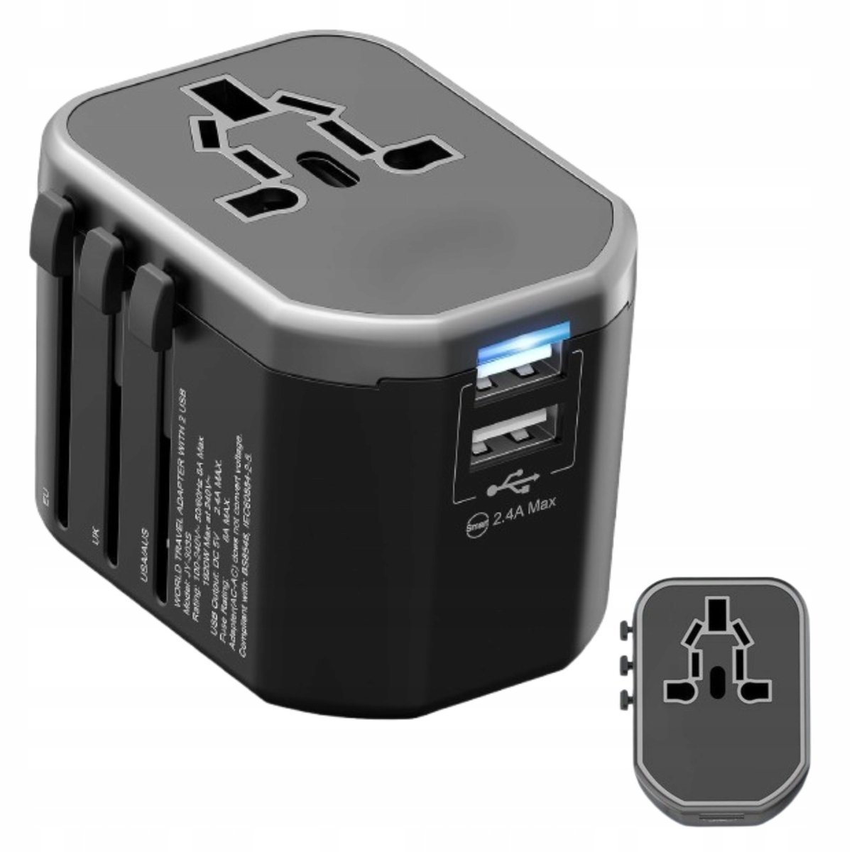 Uniwersalny Adapter Podrozny USB Wtyczka Ladowarka USA UK EU AUS Czarny