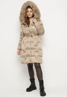 Kurtki damskie - Beżowa Pikowana Kurtka o Długim Kroju Ozdobiona Paskiem i Odpinanym Futerkiem Milirra - miniaturka - grafika 1