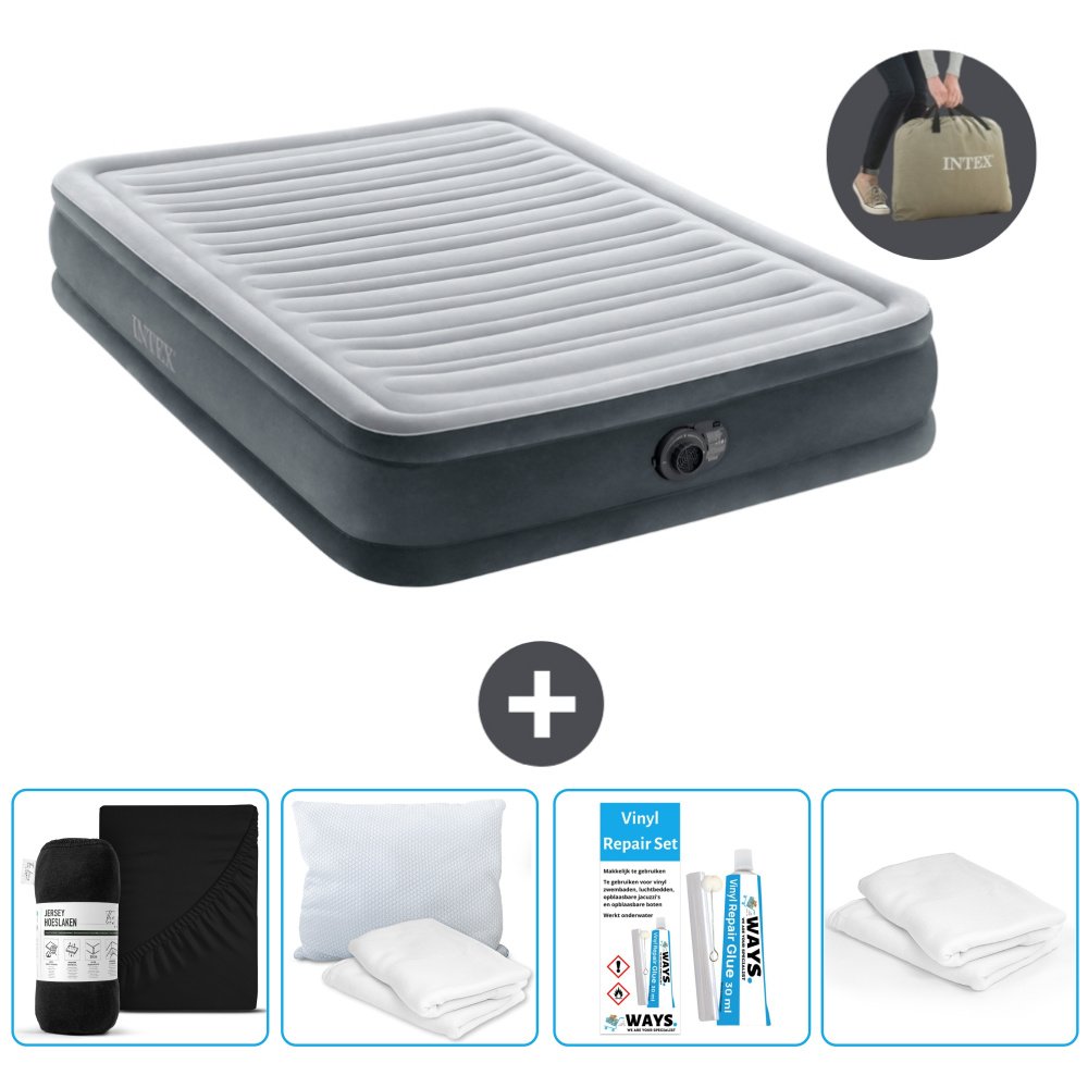 Łóżko powietrzne Intex - łóżko podwójne - 137 x 191 x 33 cm - szare - w tym pompka - prześcieradło - zestaw naprawczy i ochraniacz na poduszkę