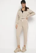 Spodnie sportowe damskie - Ciemnobeżowy Komplet Dresowy z Bawełną Bluza z Kapturem i Spodnie z Gumką w Talii Neseria - miniaturka - grafika 1