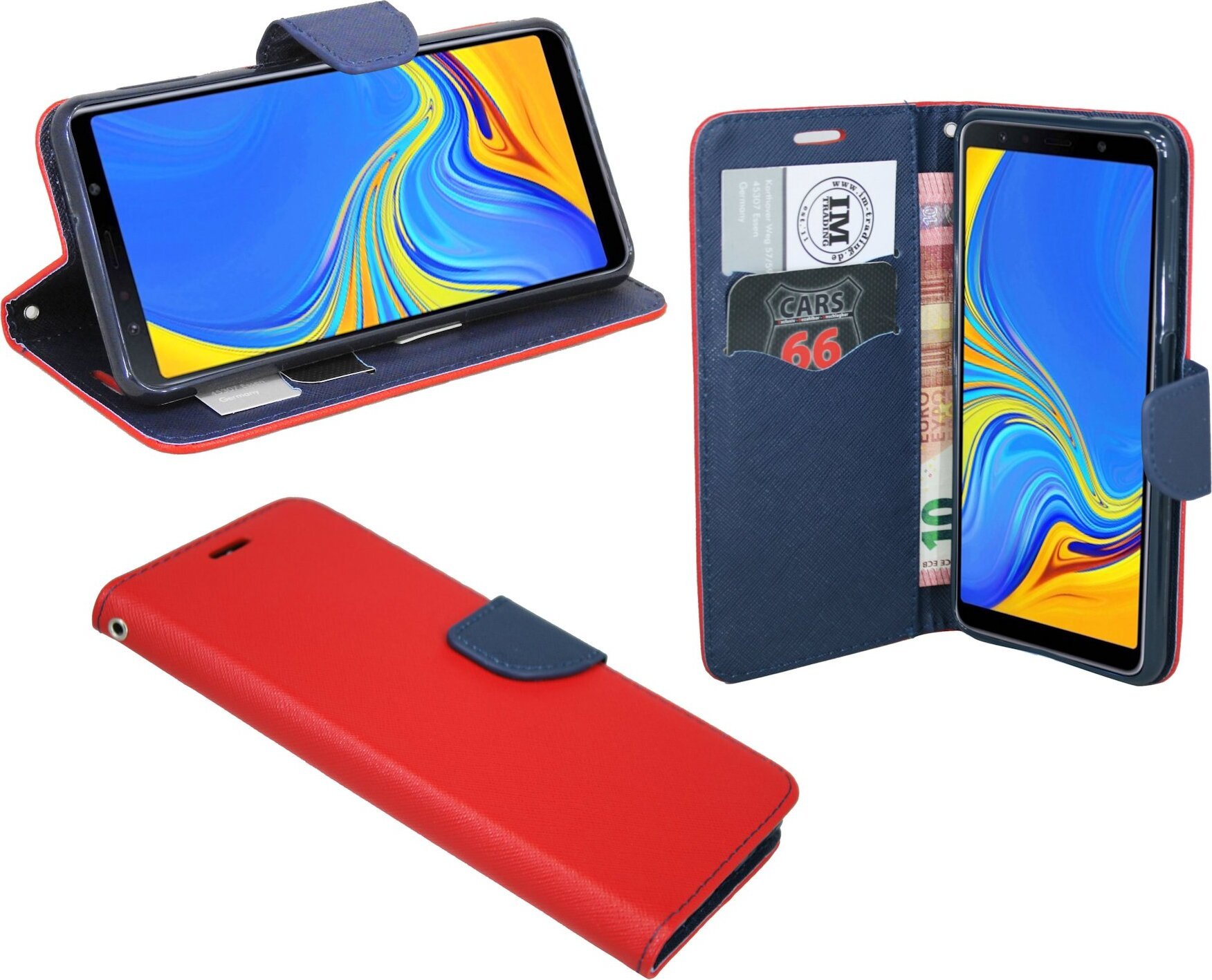 Eleganckie etui książkowe Smart Magnet kompatybilne z Samsung Galaxy A7 2018 ( A750F ) z klapką w kolorze czerwono-niebieskim o wyglądzie skórzanego portfela