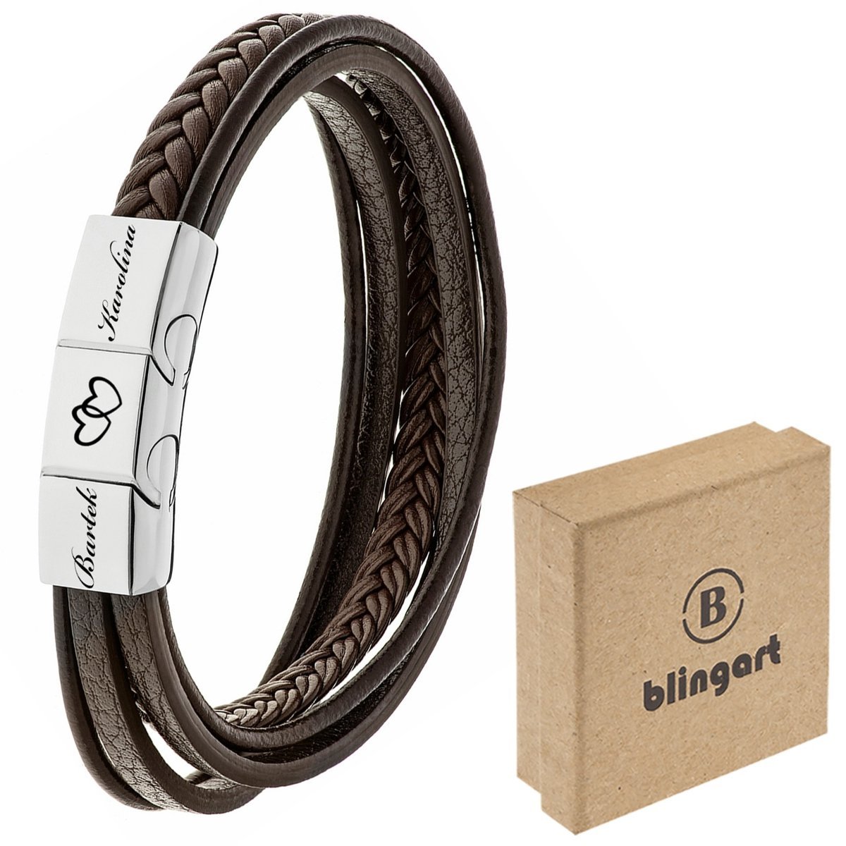 BLINGART Bransoletka skórzana MĘSKA regulowana BRĄZOWA GRAWER