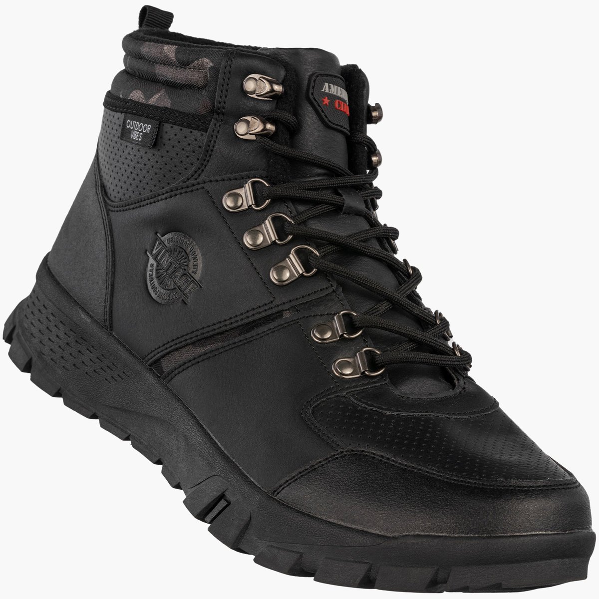 Trzewiki Męskie Ekoskóra Zimowe Buty Ocieplane Wygodne Trapery Czarne American Czarny 45