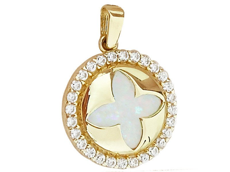 Złota zawieszka 585 delikatne kółko z kwiatuszkiem z opalem w oprawie cyrkonii