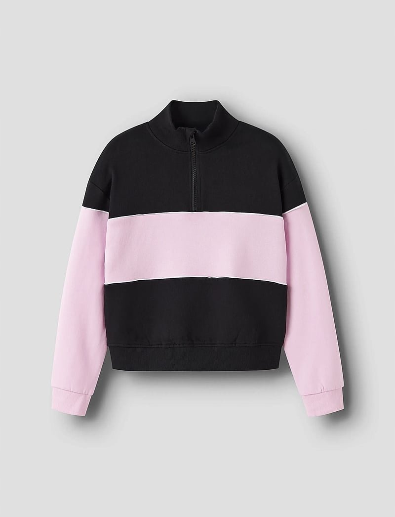 NAME IT CZARNA BLUZA DZIECIĘCA Z RÓŻOWYMI WSTAWKAMI I ZAMKIEM 134/140 5GA