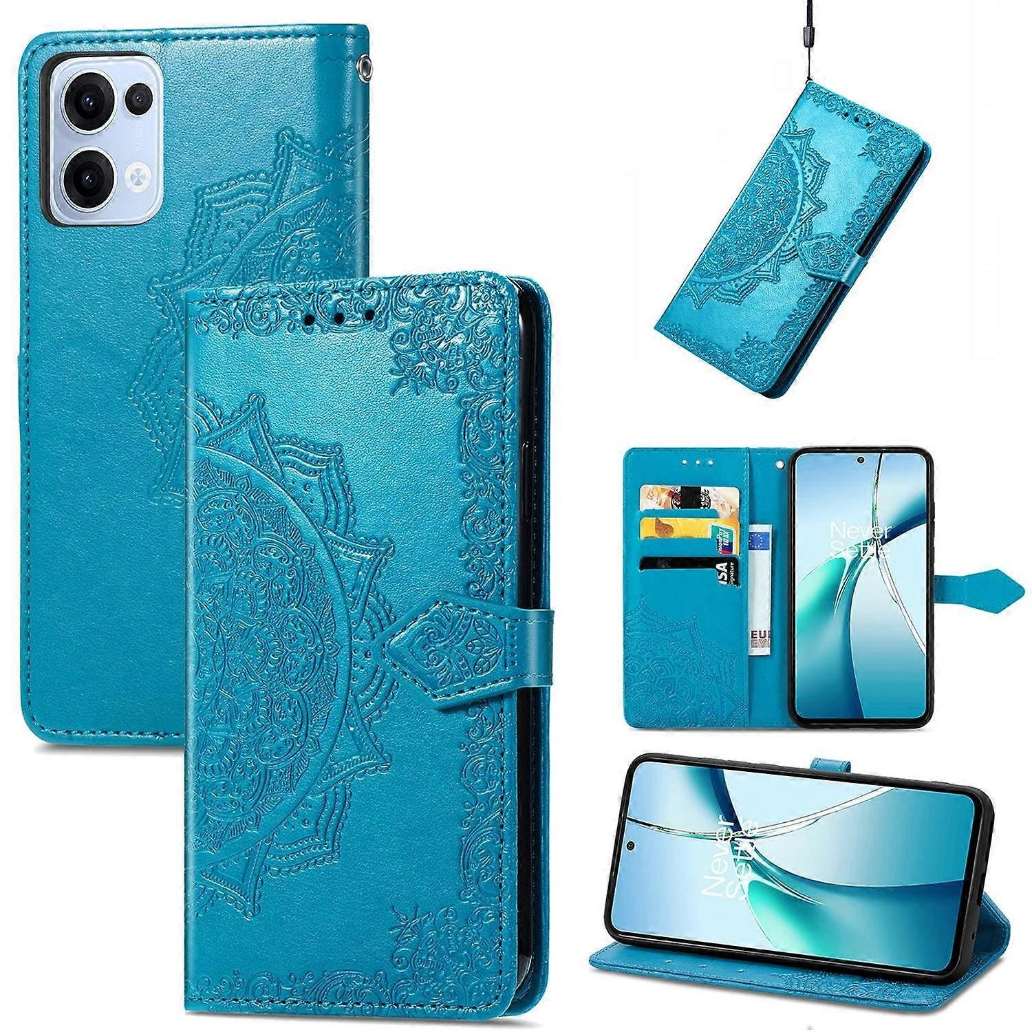 Dla Oppo Reno13 5G (Global) Etui z portfelem Mandala Kwiat Skórzany Pokrowiec Na Telefon Stojak - Niebieski Wielobarwny Blue