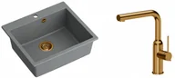 Zlewozmywaki z baterią - Quadron Zlewozmywak granitowy jednokomorowy 57*50*22 cm MORGAN 110 SILVER STONE z miedzianym odpływem z baterią ANGELINA Q LINE z wyciąganą wylewką kolor miedziany - miniaturka - grafika 1