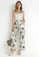 Spodnie damskie - Ciemnobeżowe Szerokie Spodnie z Wysokim Stanem i Gumką w Pasie w Bawełny Eliphne - miniaturka - grafika 1