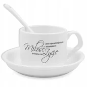Kubki termiczne - Biała Filiżanka Podstawka Łyżeczka MIŁOŚĆ NAJWAŻNIEJSZY SKŁADNIK ŻYCIA Wz - miniaturka - grafika 1