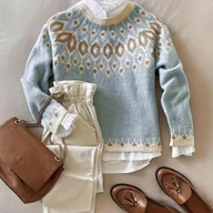 Swetry damskie - TEMU Elegancki, luźny sweter na jesień/zimę dla kobiet - długi rękaw, okrągły dekolt, złożony wzór kwiatowy, sweter z kontrastowymi wykończeniami i - miniaturka - grafika 1