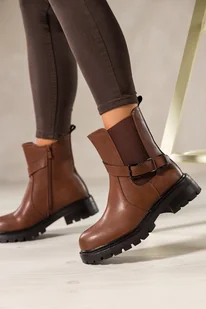 Brązowe botki skórzane damskie Sergio Leone na bieżnikowanej platformie guma w cholewce ozdobny pasek ze stalową klamrą GI280-H - Botki damskie - miniaturka - grafika 1