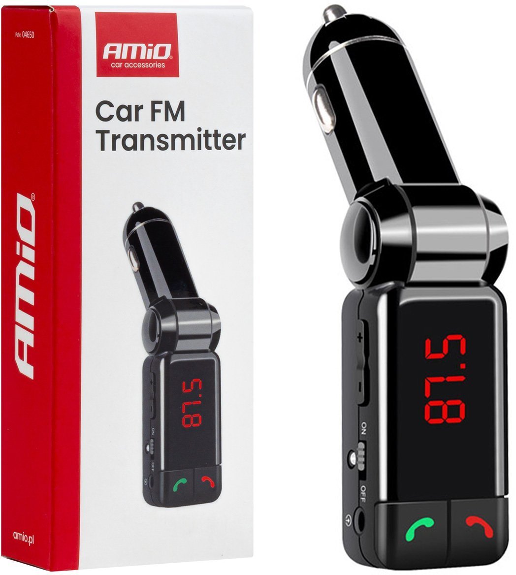 Transmiter samochodowy fm składany 2×usb-a 12v 24v amio-04650