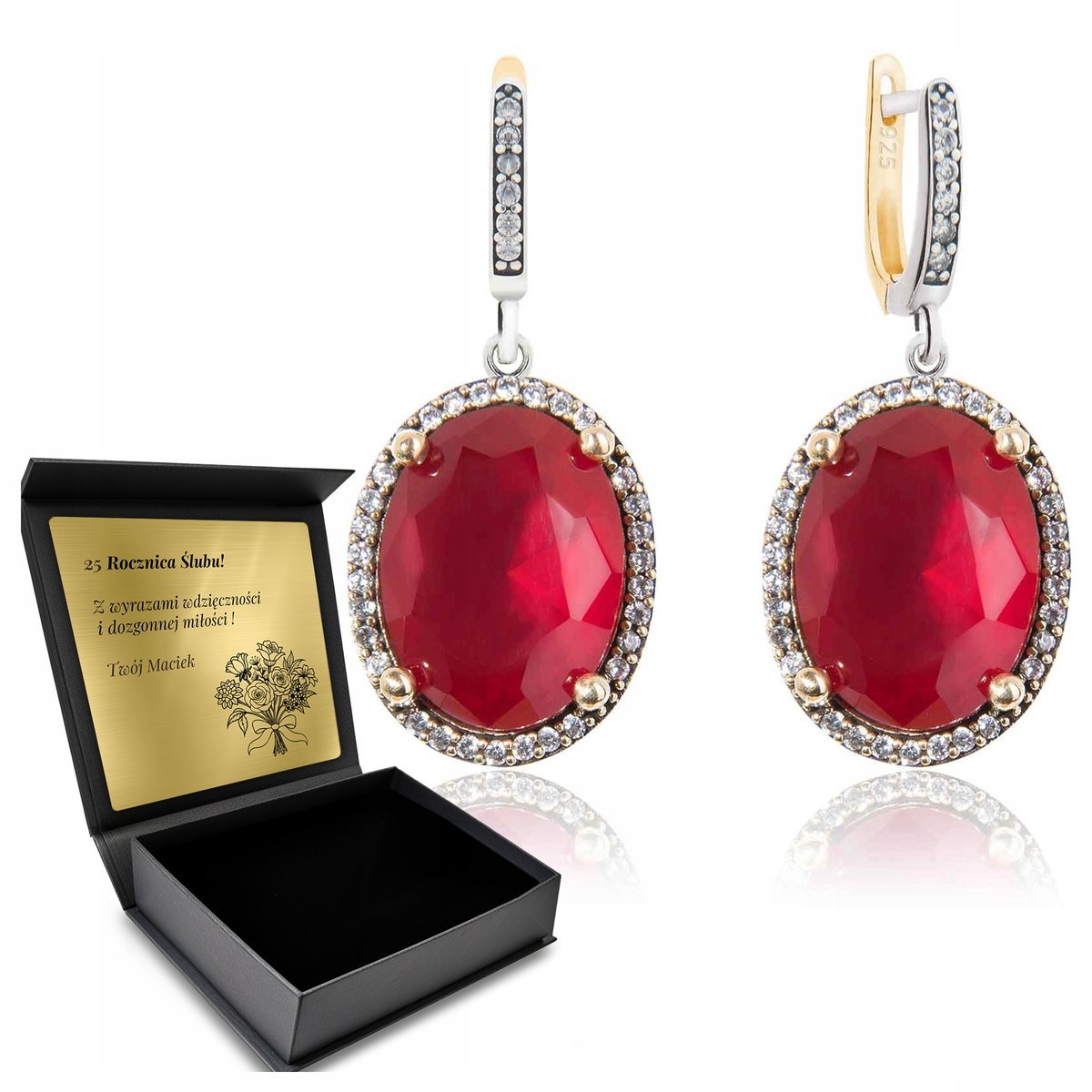 Kolczyki Srebrne 925 Z Cyrkoniami I Rubinem Biżuteria Dla Kobiety + Grawer