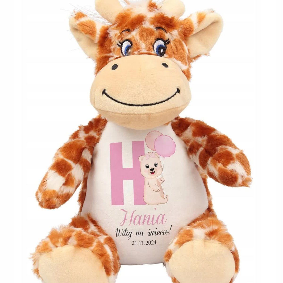 ŻYRAFA PRZYTULANKA Dla Dziecka Personalizowane WITAJ NA ŚWIECIE! Różowe Wz