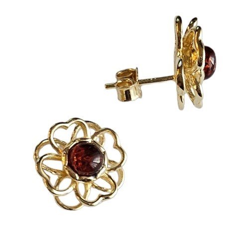 ankabizuteria.pl Kolczyki srebrne pozłacane kwiatki ażurowe z burszty