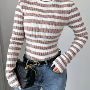 TEMU Elegancka Damska Bluzka z Wysokim Kołnierzem i Długimi Rękawami - Miła w Przyjemności, Brązowa/Beżowy Niebieski Granatowo-Czarno-Biało-Szarą - Bluzki damskie - miniaturka - grafika 1