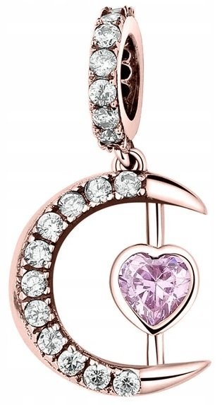 Charms Pozłacany Księżyc Różowe Serce Cyrkonia Półksiężyc Moon SREBRO 925