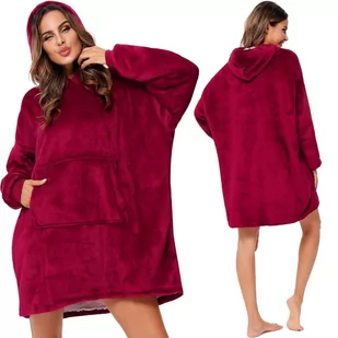 CIEPŁY KOC Z RĘKAWAMI I KAPTUREM BLUZA OVERSIZE 2w1 NARZUTA FUTRZAK BORDOWY - Koce - miniaturka - grafika 1