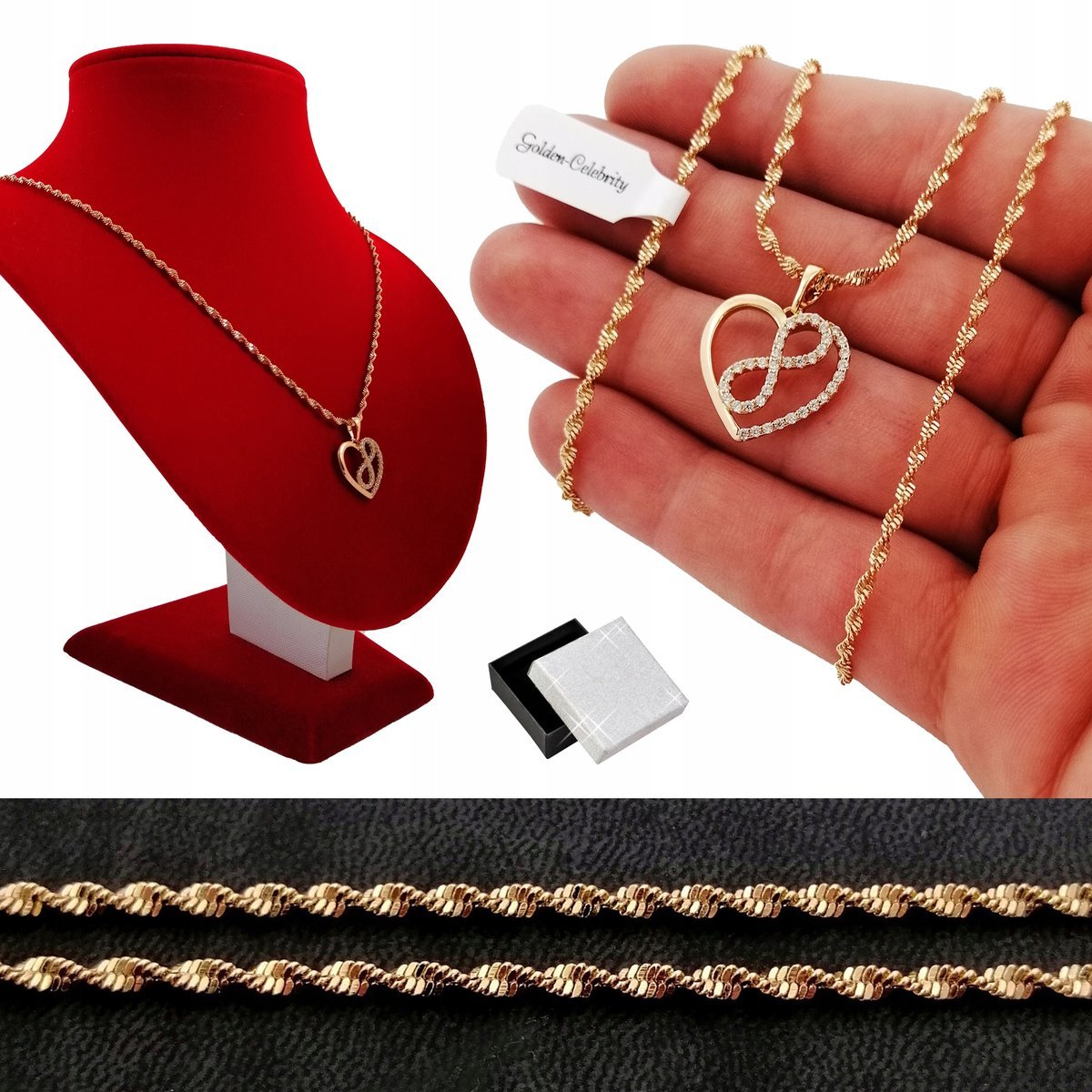 Złoty Łancuszek Singapur Serce Nieskończoność 18K