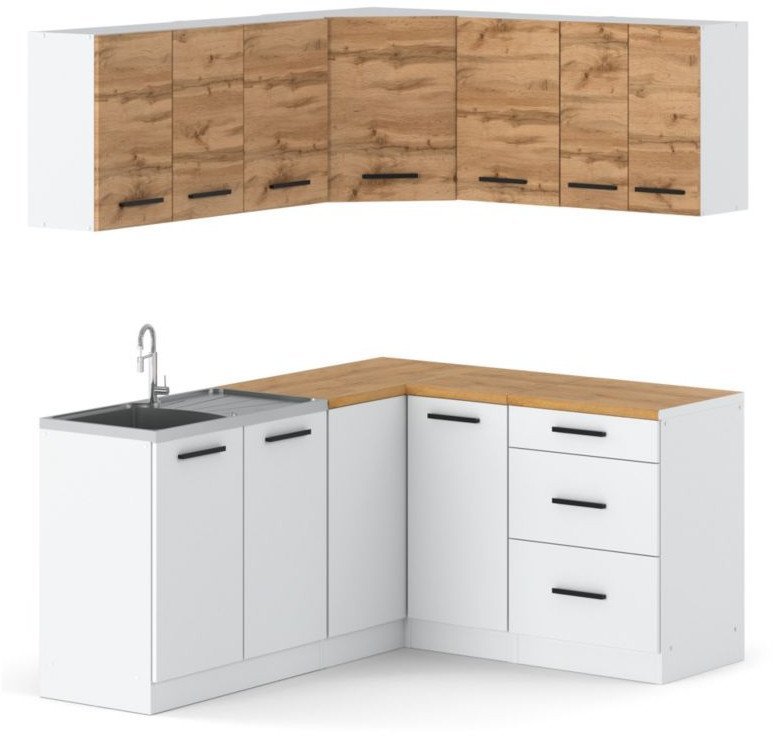 Meble Kuchenne Modułowe Narożne Zestaw Danka Nowoczesny Dąb Wotan Biały Mat