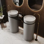 Umywalki - Massi Dwie umywalki z konglomeratu wolnostojące okrągłe 85 x 40 cm RONA bez przelewu połączone półką szklaną Różne kolory półki - miniaturka - grafika 1