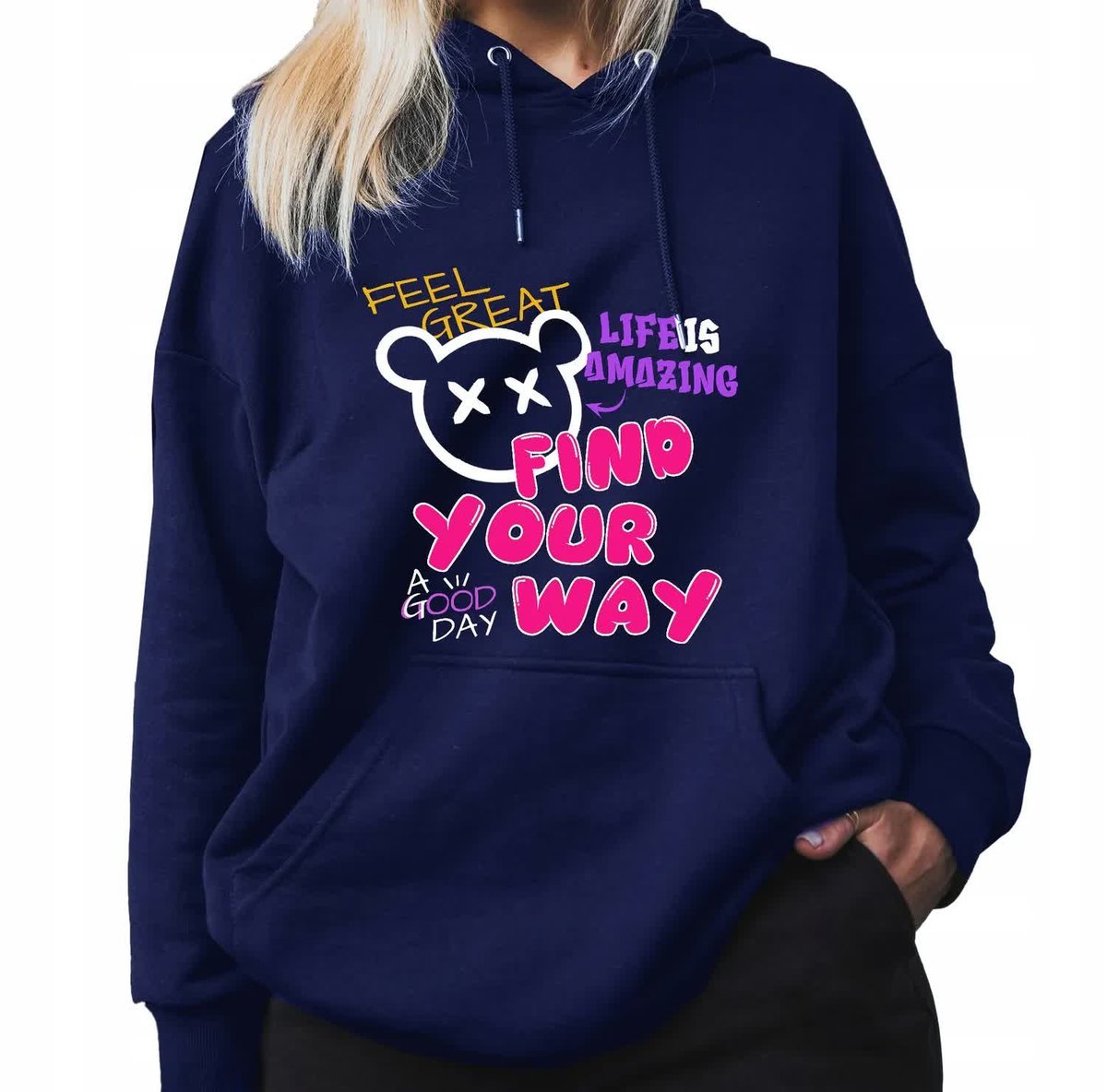 Granatowa Bluza Damska Z Kapturem FIND YOUR WAY Stylowa Kobiece Wzory - L