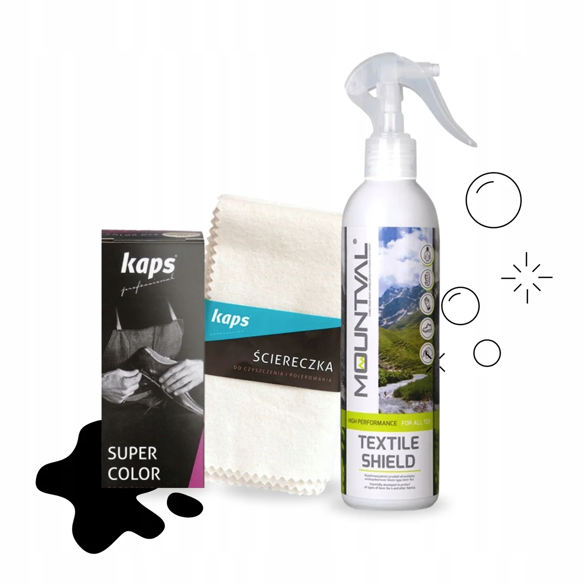 Textile Shield i Czarna Farbka do Butów ze Skóry Zestaw ze Szmatką 3w1 Kaps