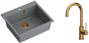 Quadron Zlewozmywak granitowy jednokomorowy 57*50*22 cm MORGAN 110 SILVER STONE z miedzianym odpływem z baterią JODIE Q LINE SLIM kolor miedziany - Zlewozmywaki z baterią - miniaturka - grafika 1