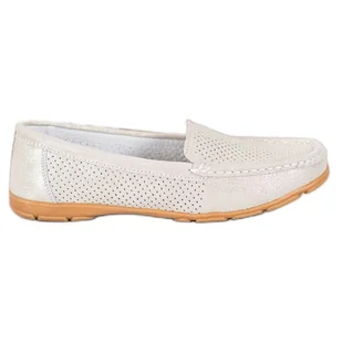 Skórzane Mokasyny Z Brokatem VINCEZA beżowy złoty - Vinceza - Mokasyny damskie - miniaturka - grafika 1