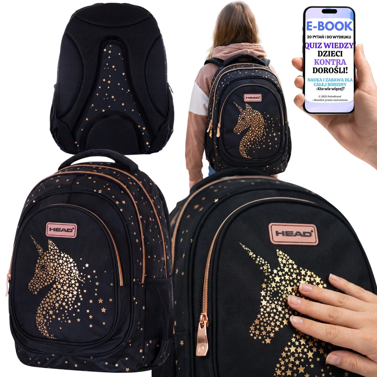 Plecak HEAD Golden Effect Złoty Jednorożec Szkolny + E-BOOK-2