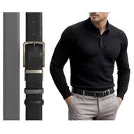 Paski - Męski pasek klasyczny skórzany do spodni dwustronny czarny szary elegancki - miniaturka - grafika 1