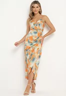 Sukienki - Pomarańczowo-Zielona Sukienka Satynowa na Ramiączkach z Kopertowym Dekoltem i Ozdobnymi Marszczeniami Vikani - miniaturka - grafika 1