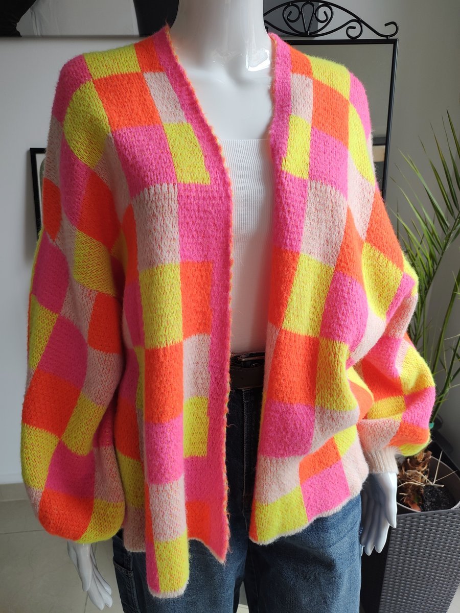 Krótki, lekki kardigan oversize w kratkę - żółty One size Azara