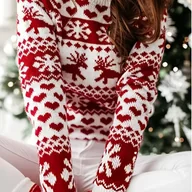 Swetry damskie - TEMU Sweter Świąteczny dla Kobiet w Czerwono-Płowym Kolorze z Wzorem Płatka Śniegu - Luźna Bluzka z Długim Rękawem, Okrągły Dekolt, Elegancki i - miniaturka - grafika 1