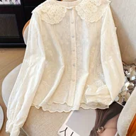 Koszule damskie - TEMU Modna Biała Koszula z Koronkowym Wycięciem i Kołnierzykiem Lalkowym, Wiosenno-Jesienna Bluzka z Kolorowymi Guzikami, Europejski Styl z - miniaturka - grafika 1