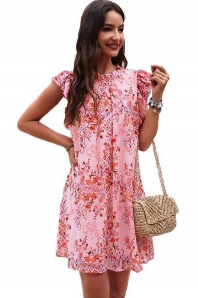 ELEGANCKA RÓŻOWA SUKIENKA W KWIATY COWL NECK NA WESELE OKAZJE KWIATOWA