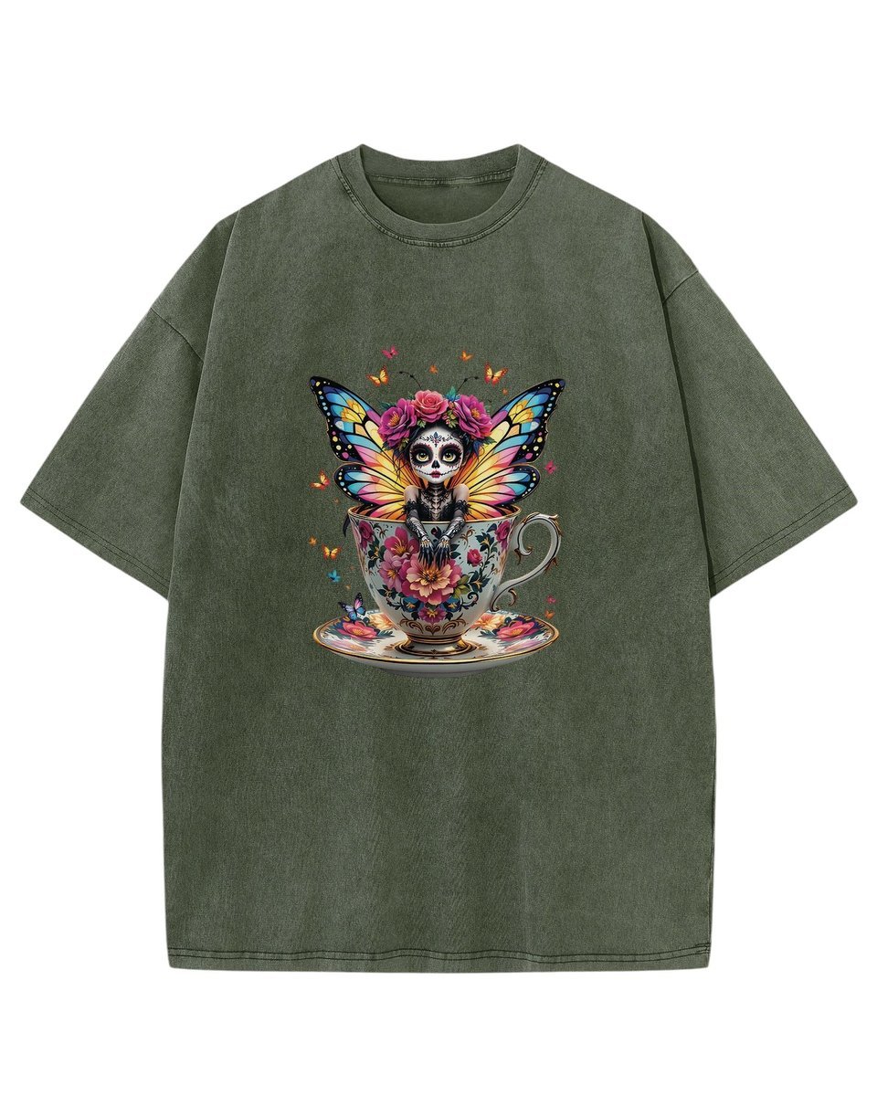 Koszulka oversize efekt sprania Słodka Wróżka Kwiaty khaki S