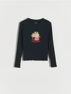 Bluzki dla dziewczynek - Reserved - Prążkowana koszula Pusheen - czarny - miniaturka - grafika 1